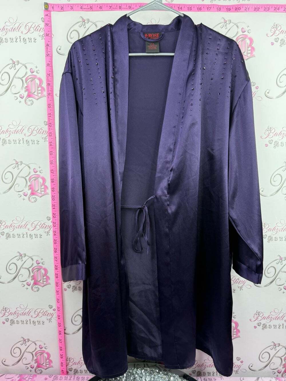 ROSE FASHIONS robe beaded Satin Purple Tie-Front Duster Trench Coat